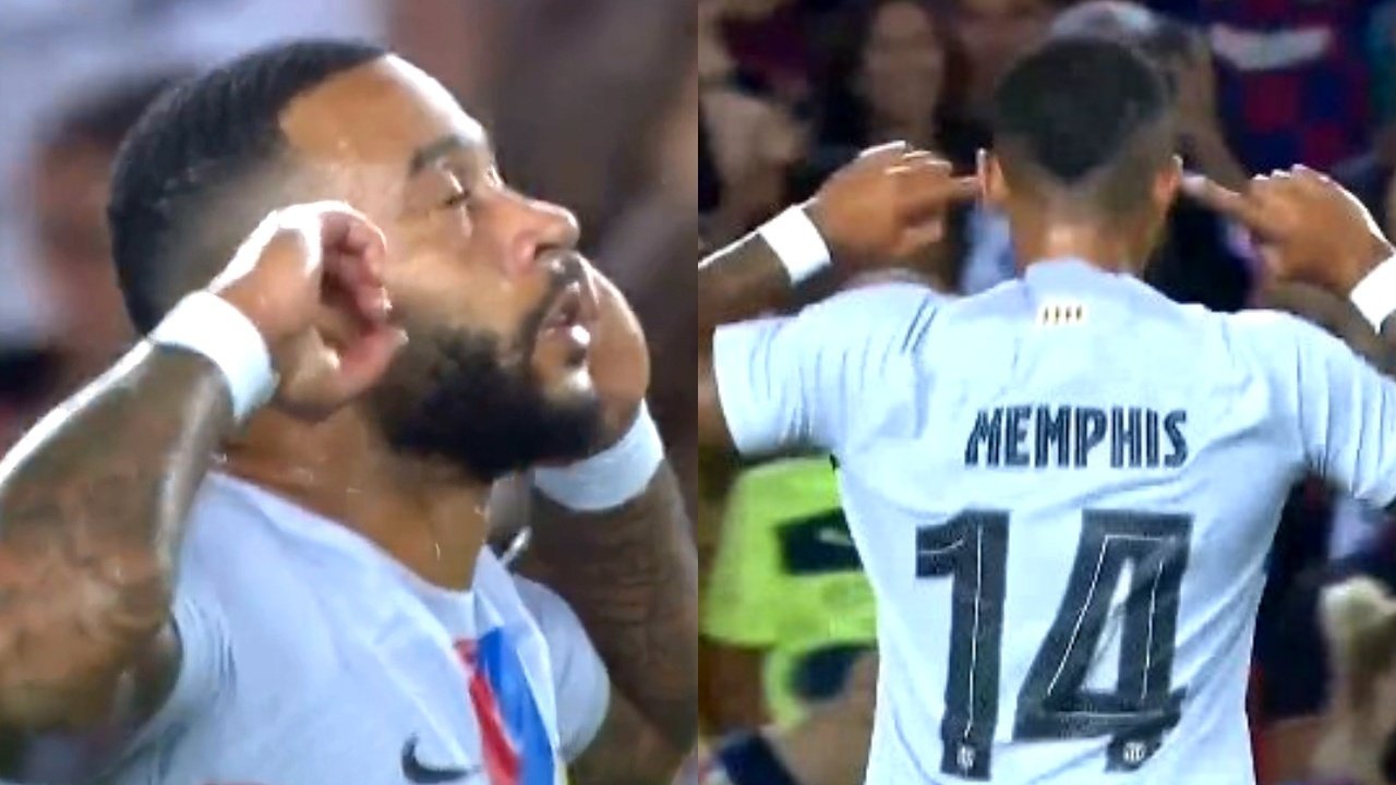 Captura de pantalla del gol de Memphis Depay ante el Manchester City. Captura/BarçaTV