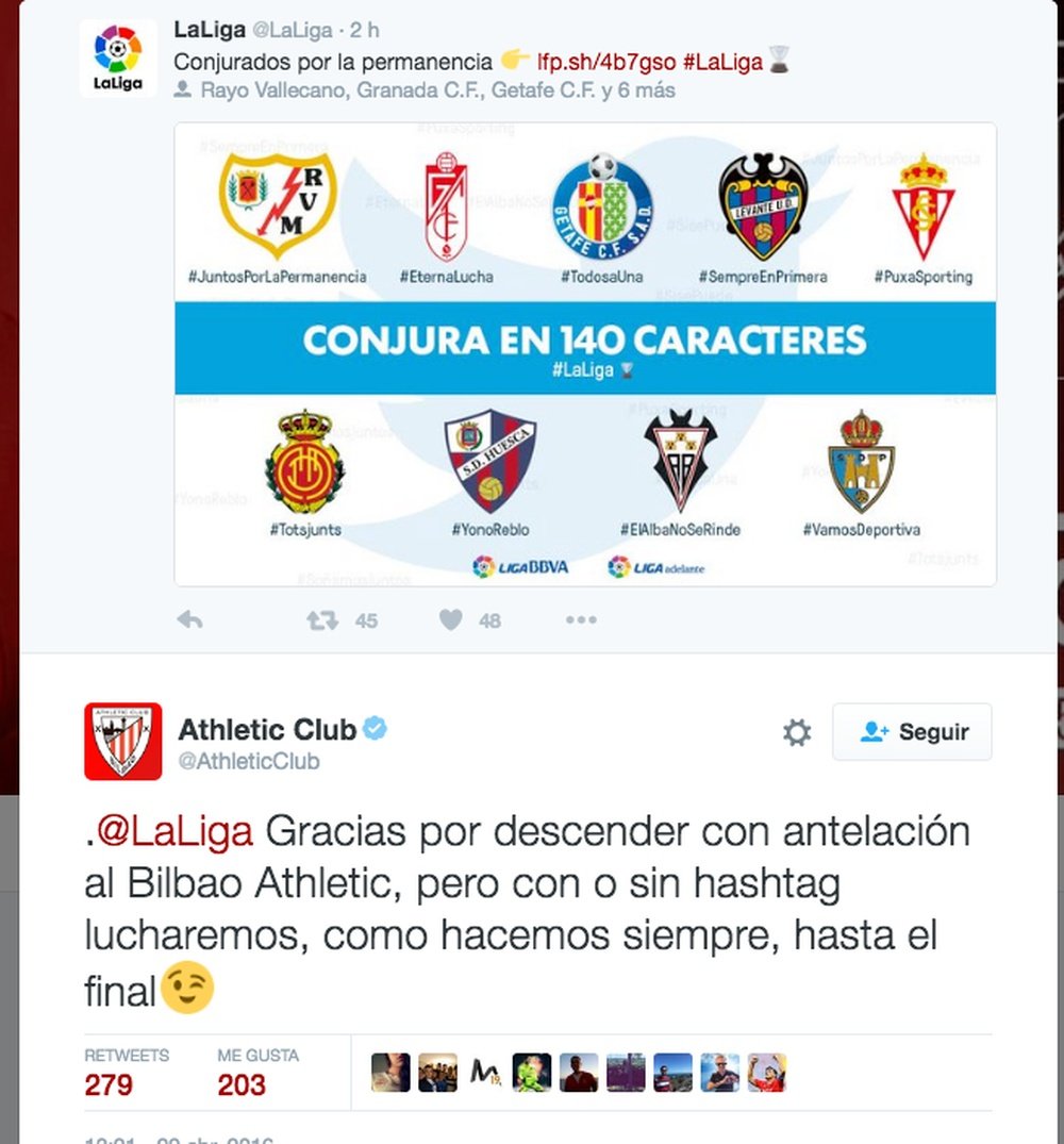 Captura de Twitter de la discusión entre Athletic Club y la Liga. BeSoccer