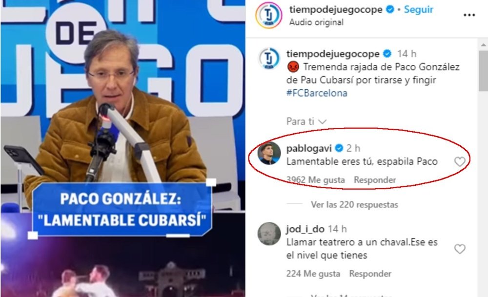 Gavi defended his Barcelona teammate Pau Cubarsi. Screenshot/Instagram/tiempodejuegocope