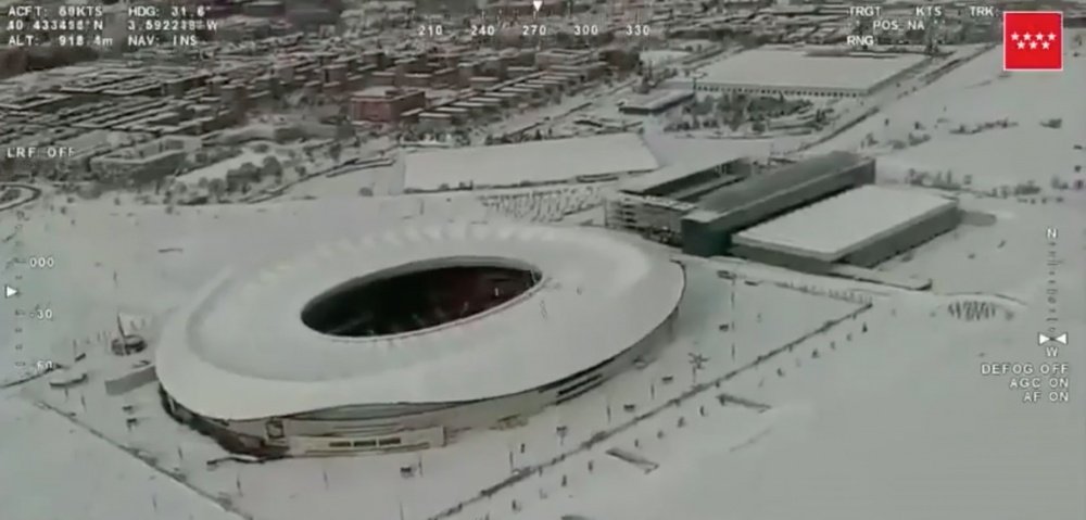 El Wanda Metropolitano, nevado. Captura/ComunidadDeMadrid