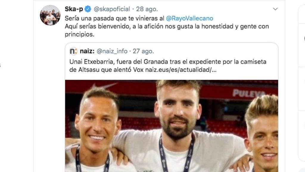 'Ska-p' invitó a Etxebarria al Rayo. Captura/Twitter/skapoficial