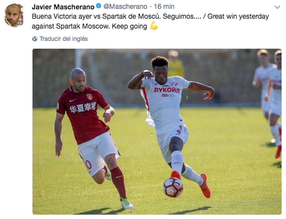 Captura de un tuit de Javier Mascherano tras el Hebei-Spartak de Moscú. Twitter/Mascherano