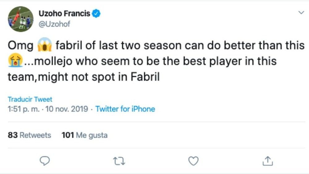 Francis Uzoho también estalló contra el Deportivo. Twitter/Uzohof