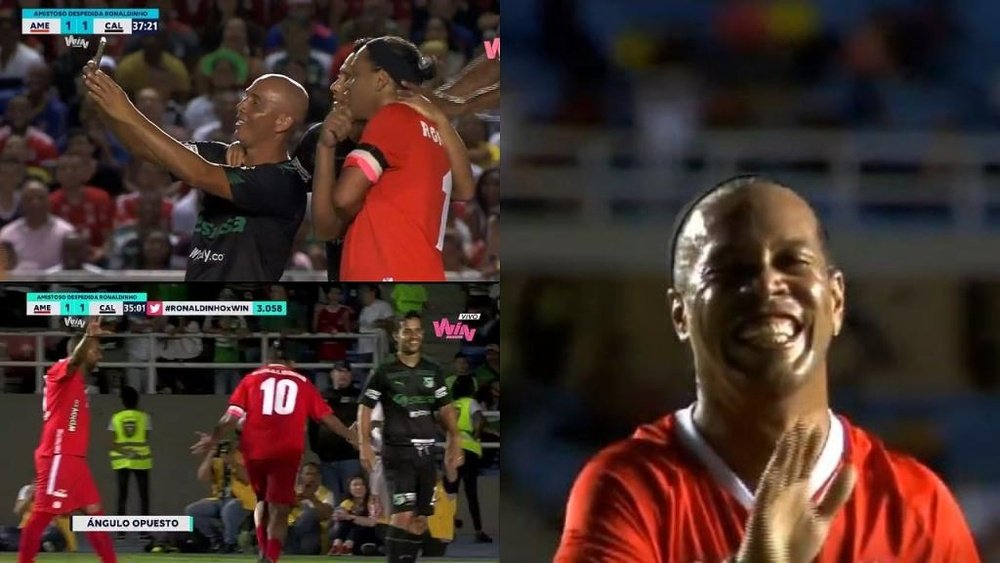 Lujazos, goles y 'selfies' en un partido: otro 'show' de Ronaldinho. Captura/WinSports