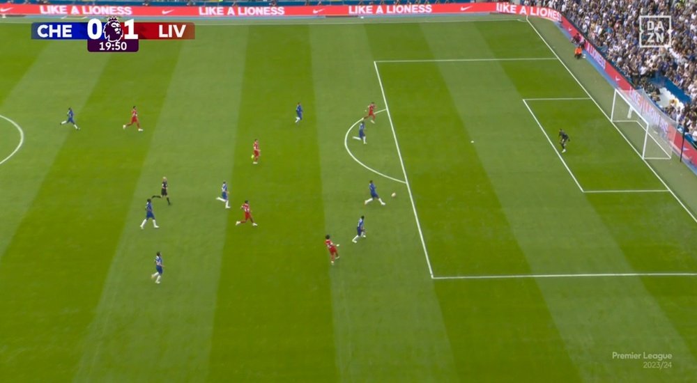 Luis Diaz opens the scoring for Liverpool at Chelsea. Screenshot/DAZN
