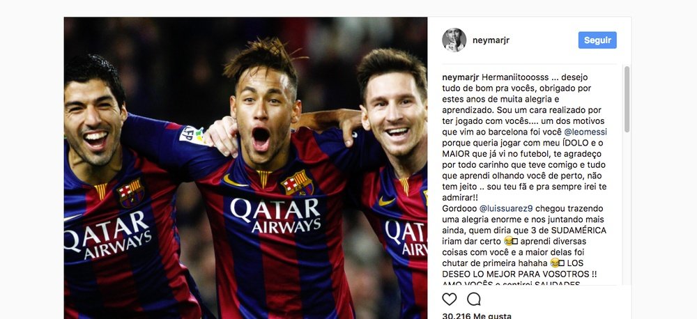 Neymar has said his goodbyes to the 'MSN'. Instagram/NeymarJR