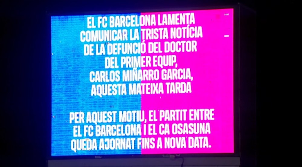 Capture du communiqué lancé sur les écrans du stade du FC Barcelone. Capture/DAZN