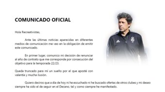 Dimite el entrenador del Recreativo de Huelva. Captura/Twitter/gallegoalb