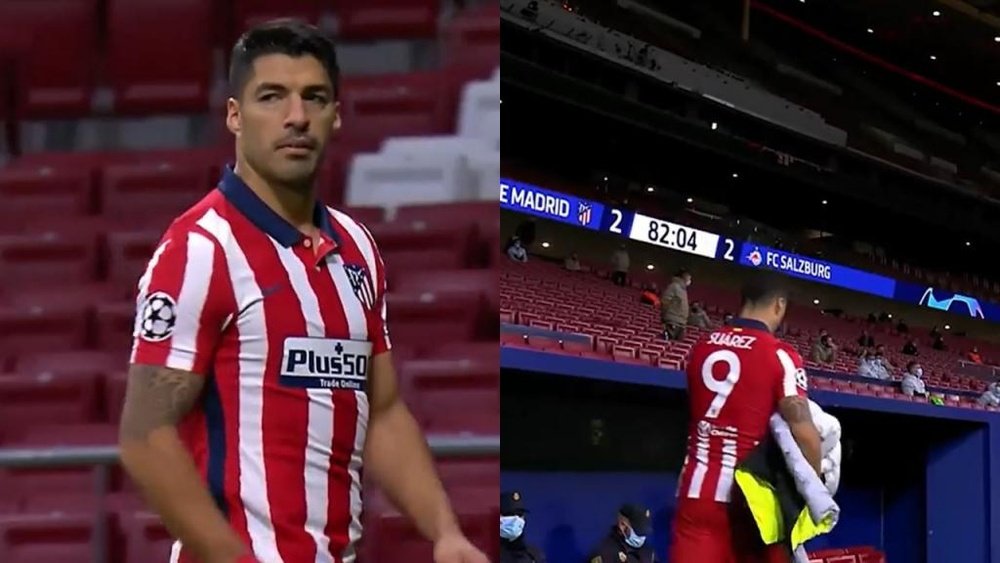 La reacción de Luis Suárez cuando el Cholo le cambió con el 2-2. Captura/Movistar+