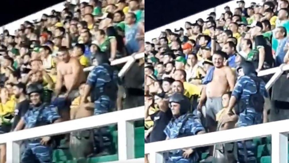 Torcedor do Defensa y Justicia em atitude racista durante jogo contra o Santos. Twitter/fabio_conde