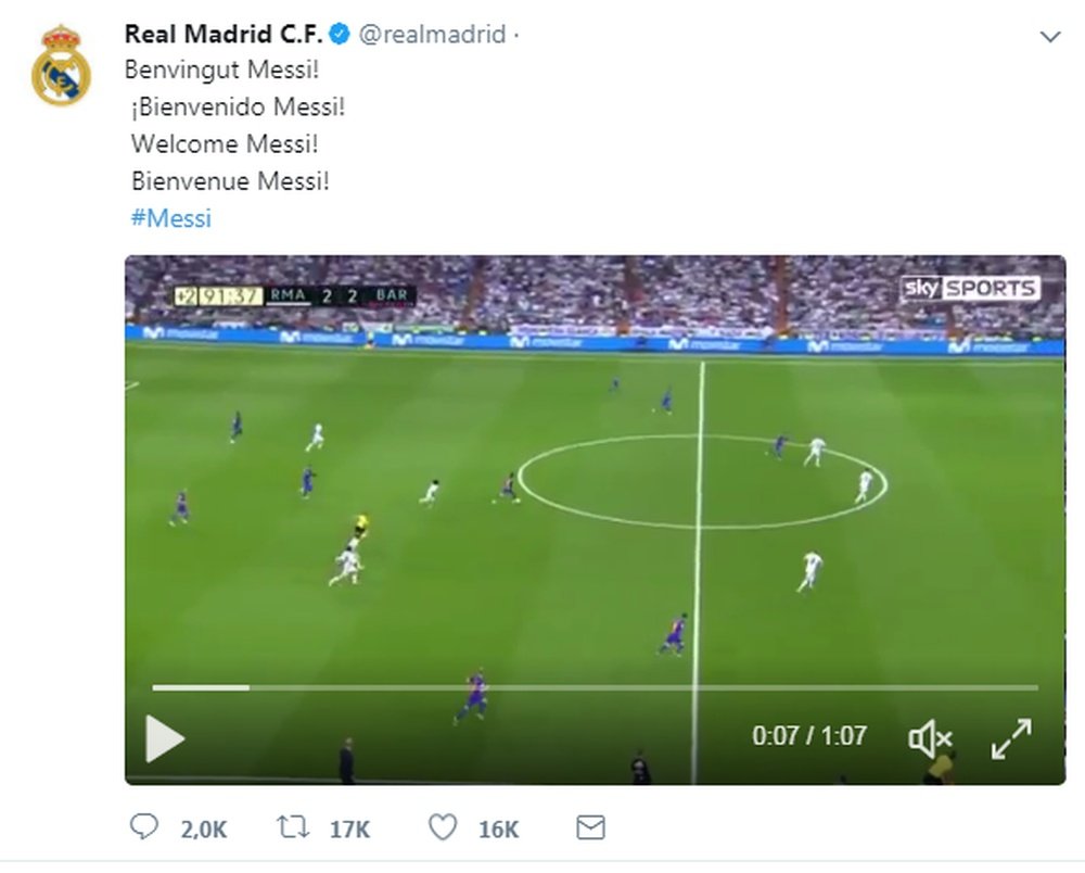 Captura del hackeo que sufrió el Twitter del Madrid para anunciar el fichaje de Messi. Captura
