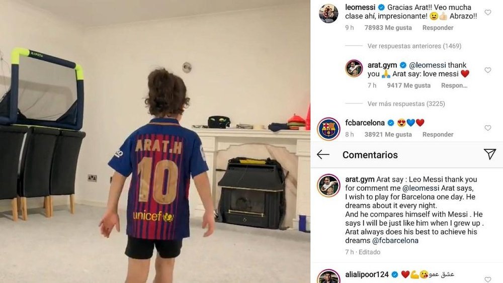 Messi alegrou o dia de pequeno craque. Capturas/Instagram/arat.gym
