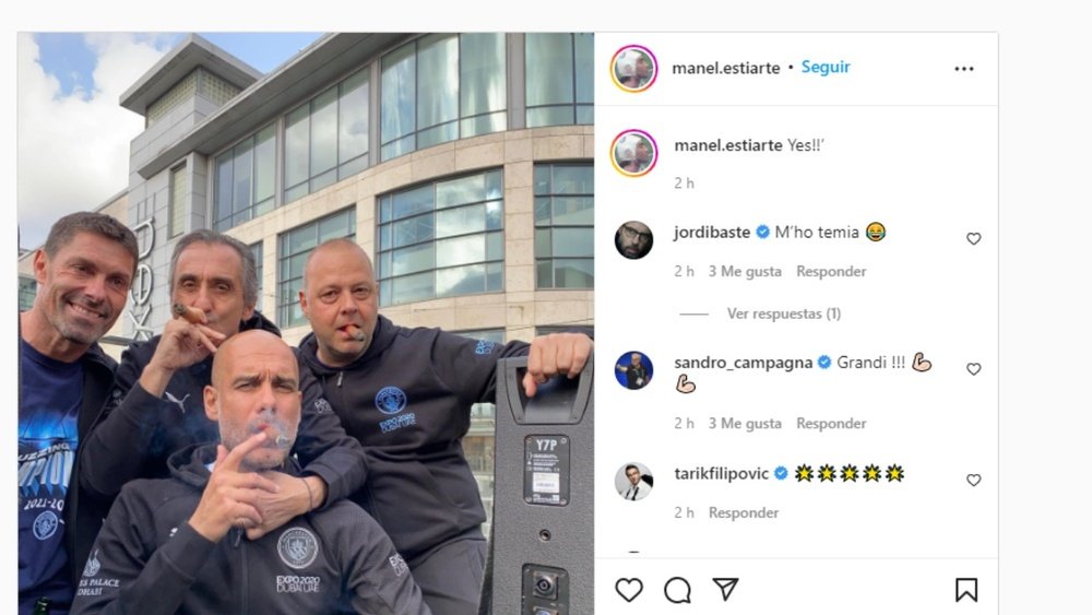 Pep se unió a la 'moda del puro' que inició Ancelotti y continuó Zlatan. Instagram/manel.estiarte