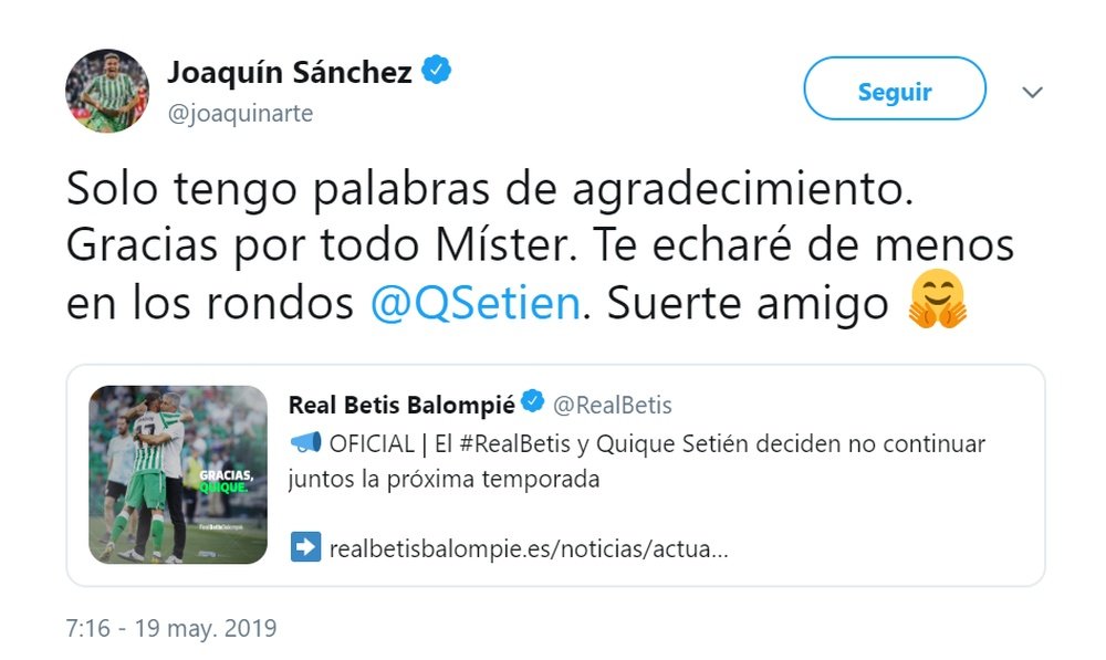 Joaquín se mostró agradecido con Setién. Twitter/joaquinarte