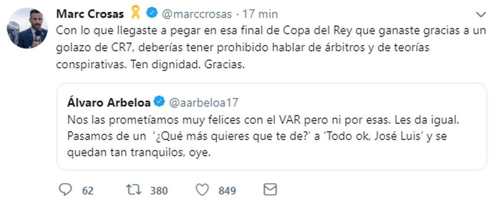 Marc Crosas se despachó a gusto con Arbeloa. Twitter/marccrosas
