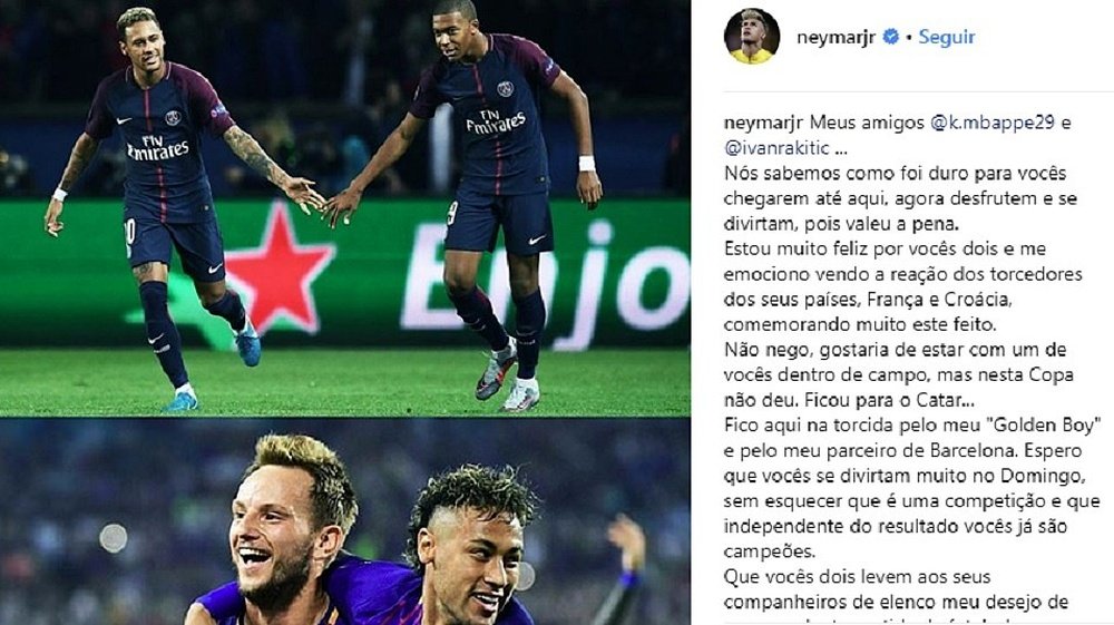 Neymar adresse un message à Rakitic et Mbappé. Instagram/NeymarJr