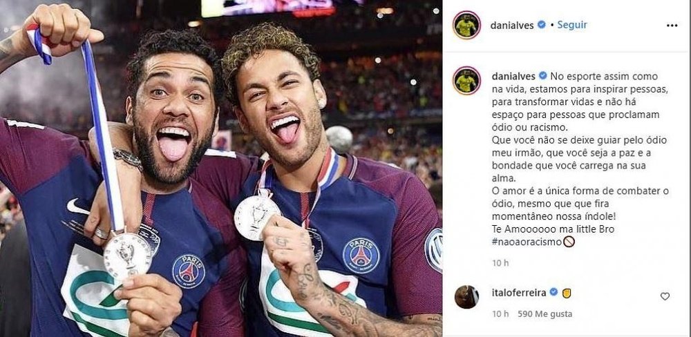 Dani Alves difende Neymar. Instagram/danialves