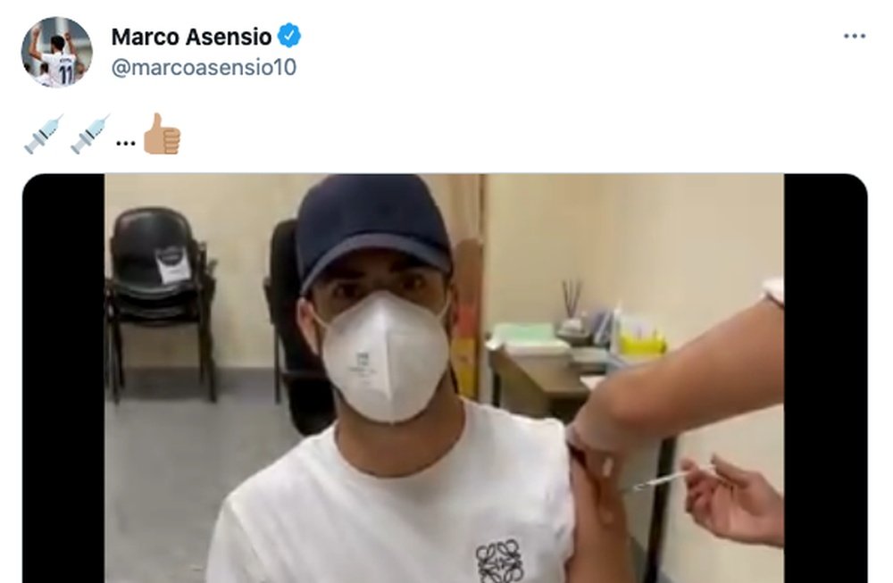 Asensio, vacunado contra el coronavirus. Captura/Twitter/marcoasensio10