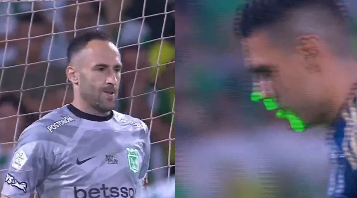 Ospina y un láser vs. Falcao: un gol que puede ser decisivo. Captura/Win Sports