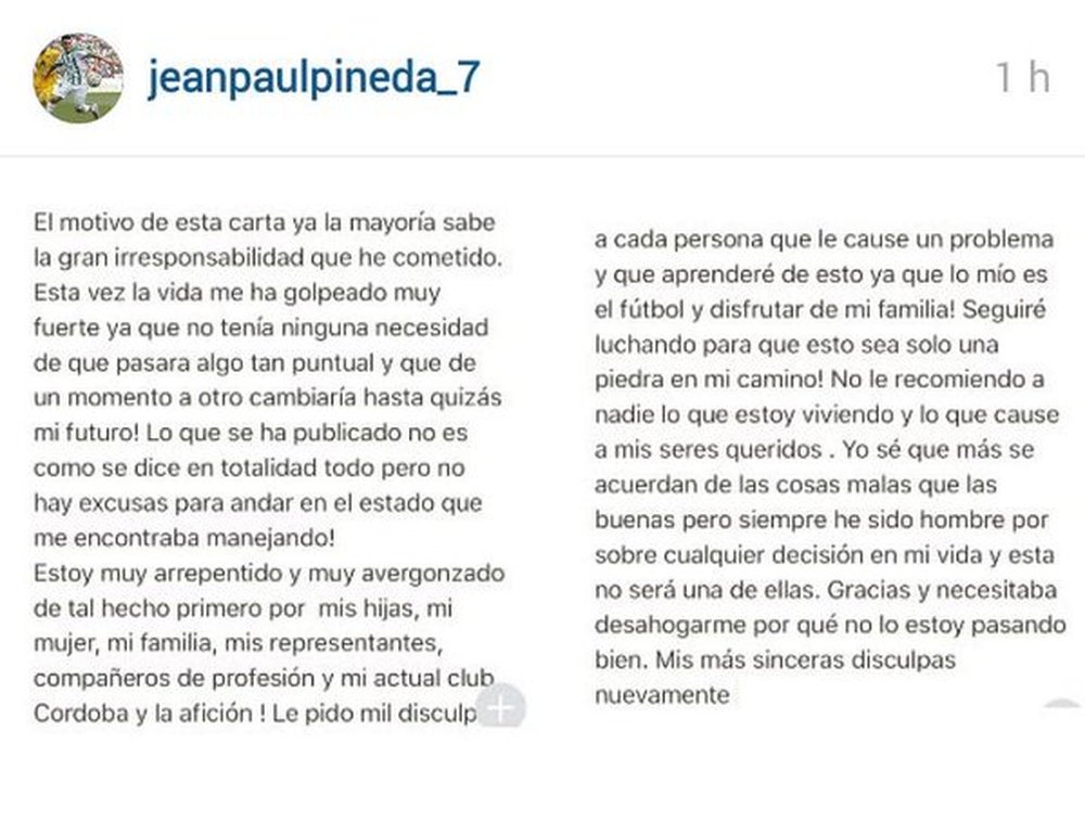 Captura del texto de Jean Paul Pineda en su perfil de Instagram. Twitter