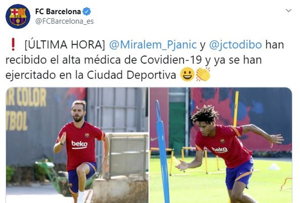 Pjanic e Todibo treinam com o Barça após superar o COVID-19. Twitter/FCBarcelona_es