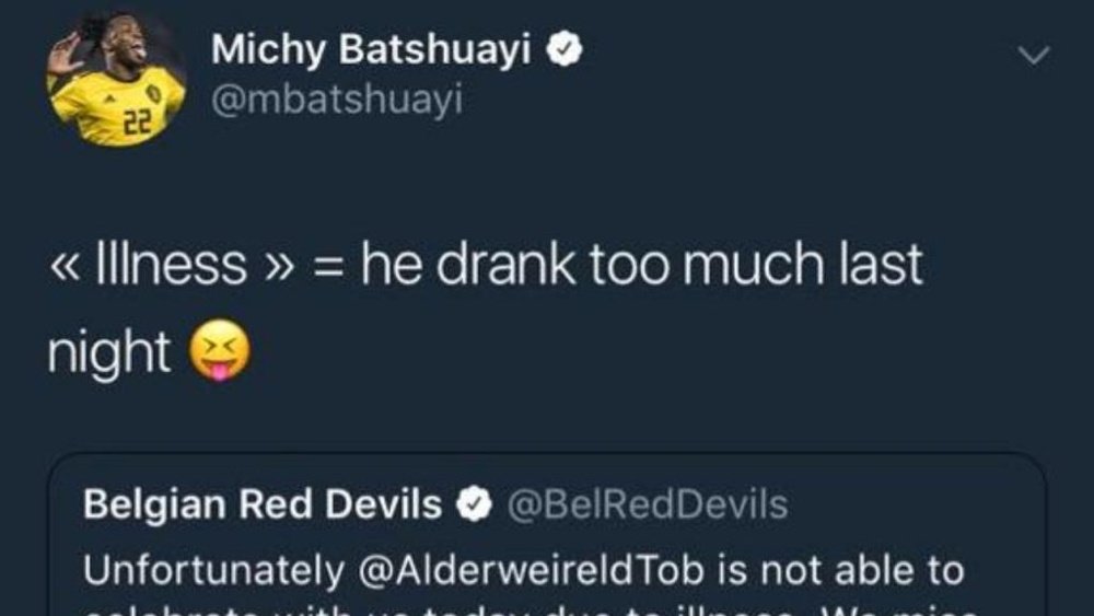 Batshauyi revealed all regarding Alderweireld's absence. Twitter/Batshuayi