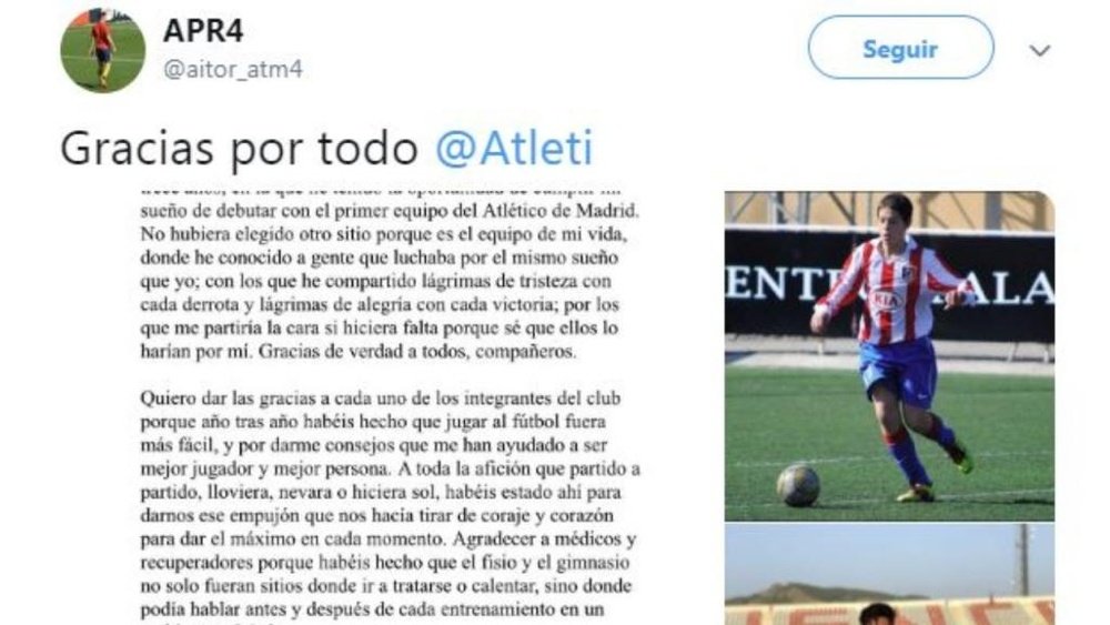 Así se despidió un canterano del Atleti tras 13 años en el club. Captura/Twitter/AitorPuñal