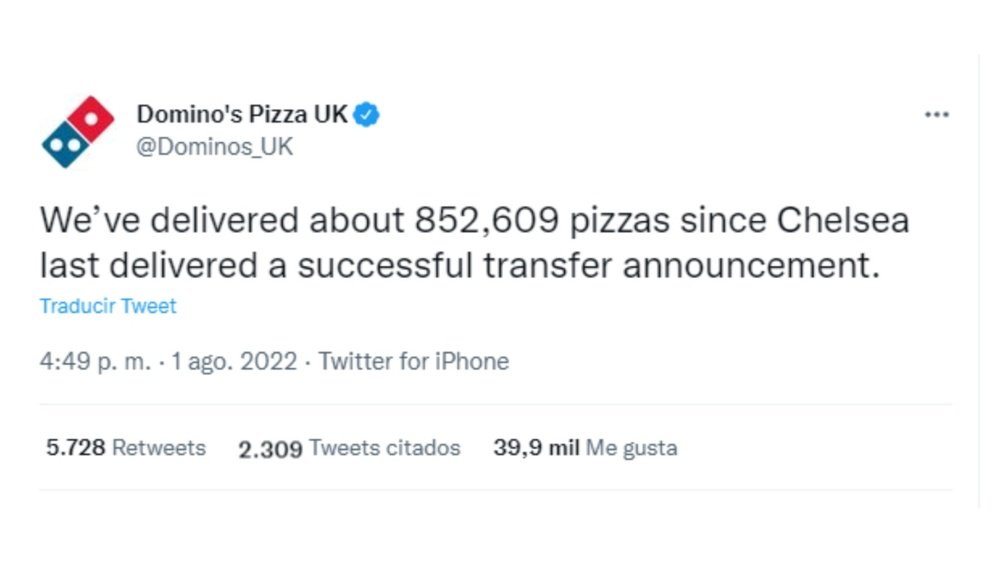 El troleo de Domino's Pizza al Chelsea por su falta de fichajes. Twitter/Dominos_UK