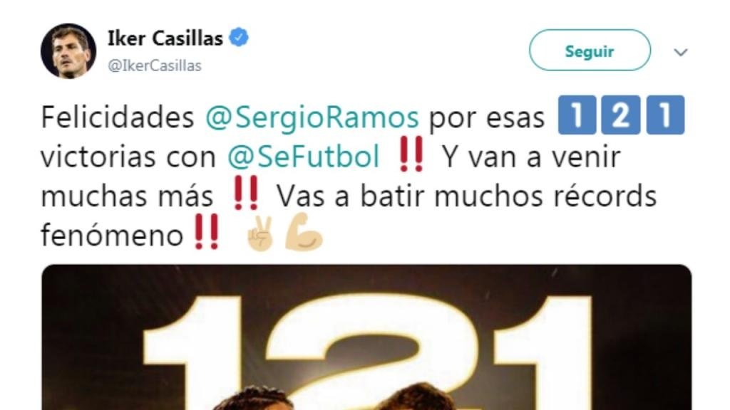 Casillas felicitó a Ramos. Twitter/IkerCasillas