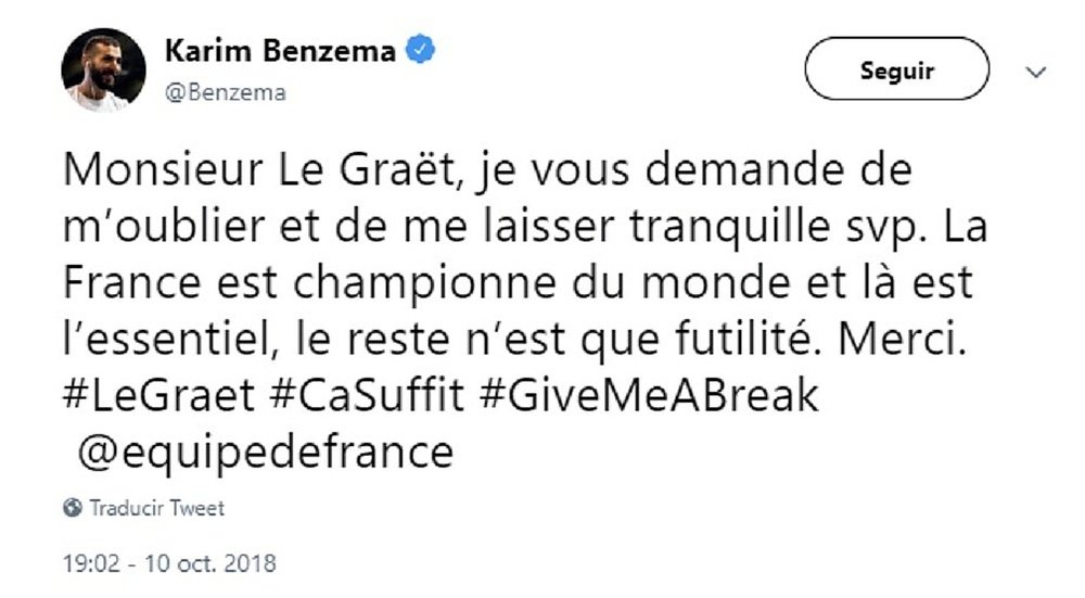 Benzema contesta a Le Graët. Twitter/Benzema