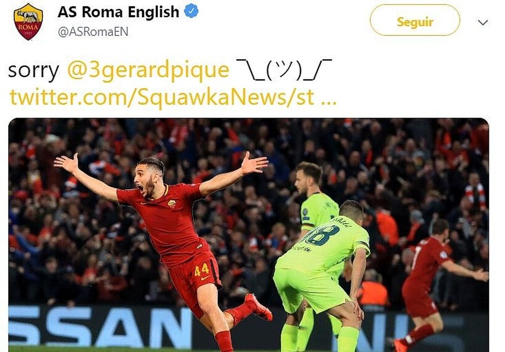 Sin piedad con Piqué: nueva troleada de la Roma por lo de Anfield. Twitter/ASRomaEN