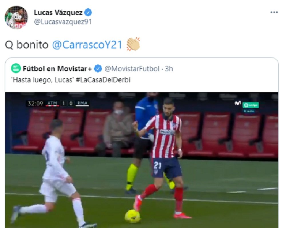 Carrasco y el caño a Lucas Vázquez. Captura/Twitter/LucasVázquez91/MovistarFutbol