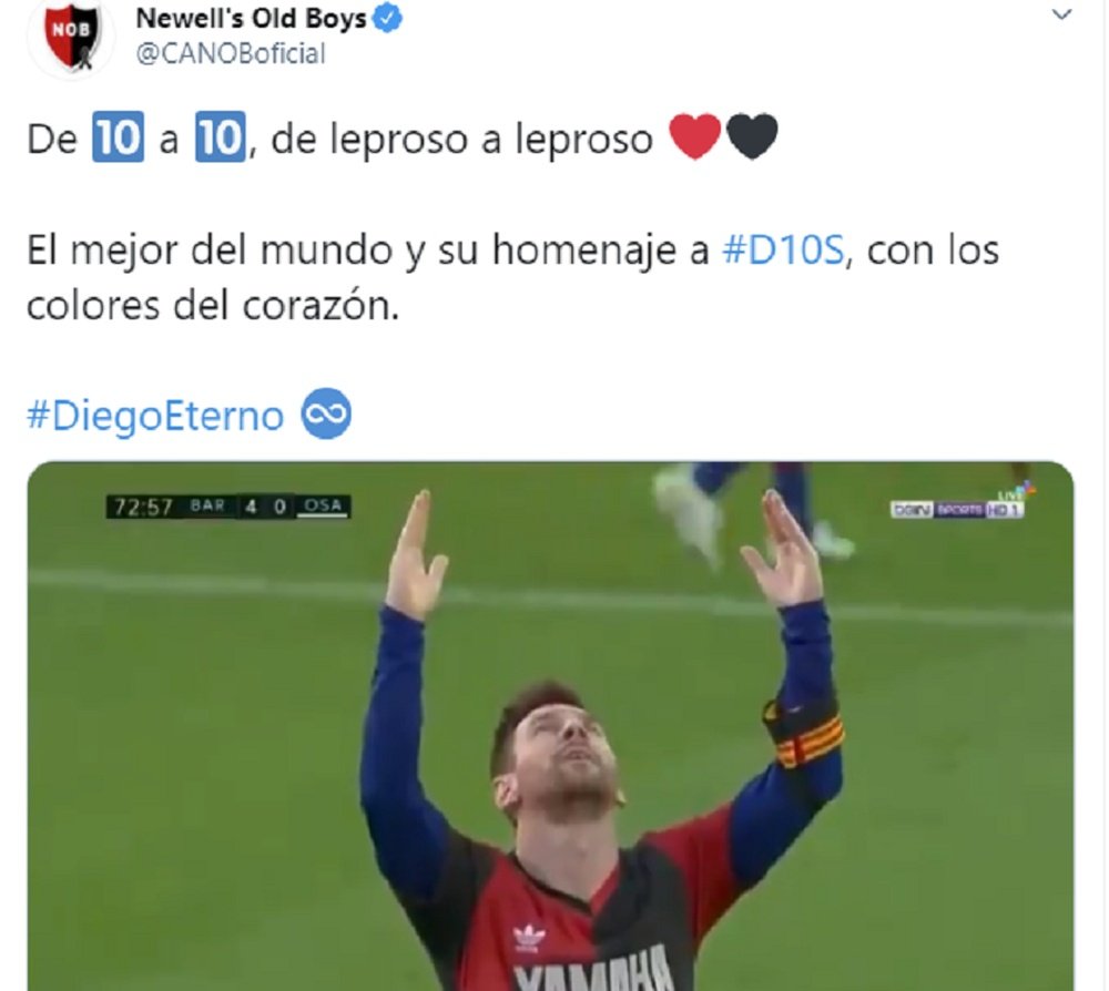A reação do Newell's a homenagem de Messi a Maradona. Captura/CANOBoficial