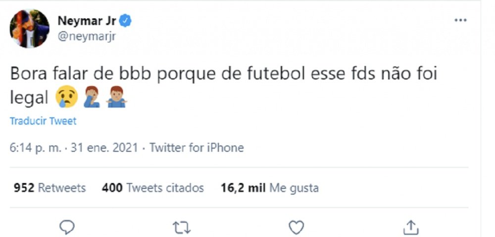 O tweet de Neymar após um final de semana para esquecer. Twitter/NeymarJr