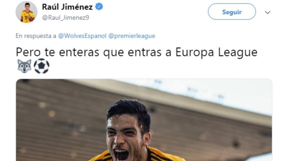 Jiménez celebrou o acesso à Europa League do Wolves. Captura/RaúlJiménez