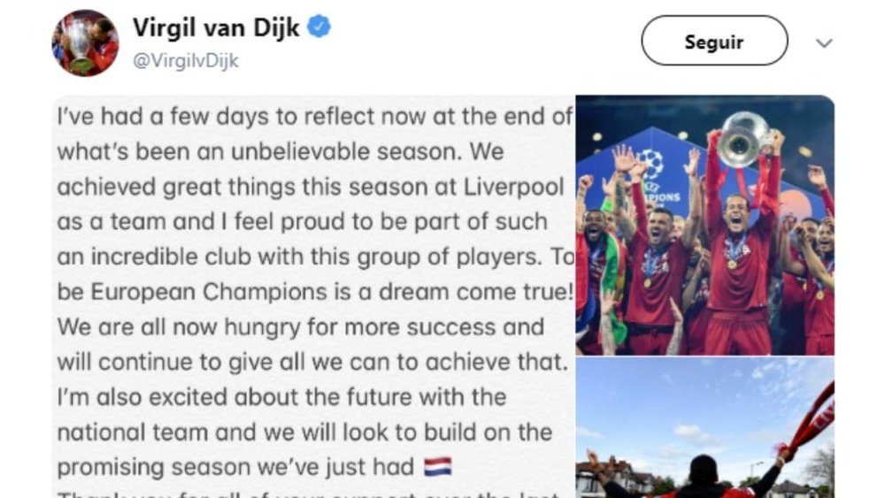 Van Dijk dresse un bilan de sa saison avant de partir en vacances. Capture/VirgelvanDijk