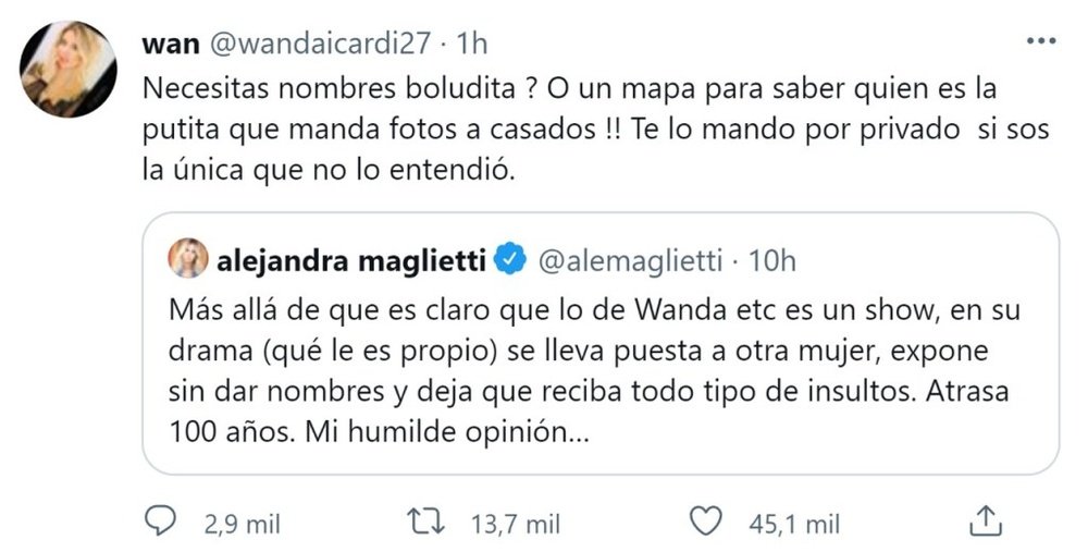 Wanda Nara escribió un mensaje y después lo borró. Twitter/wandaicardi27