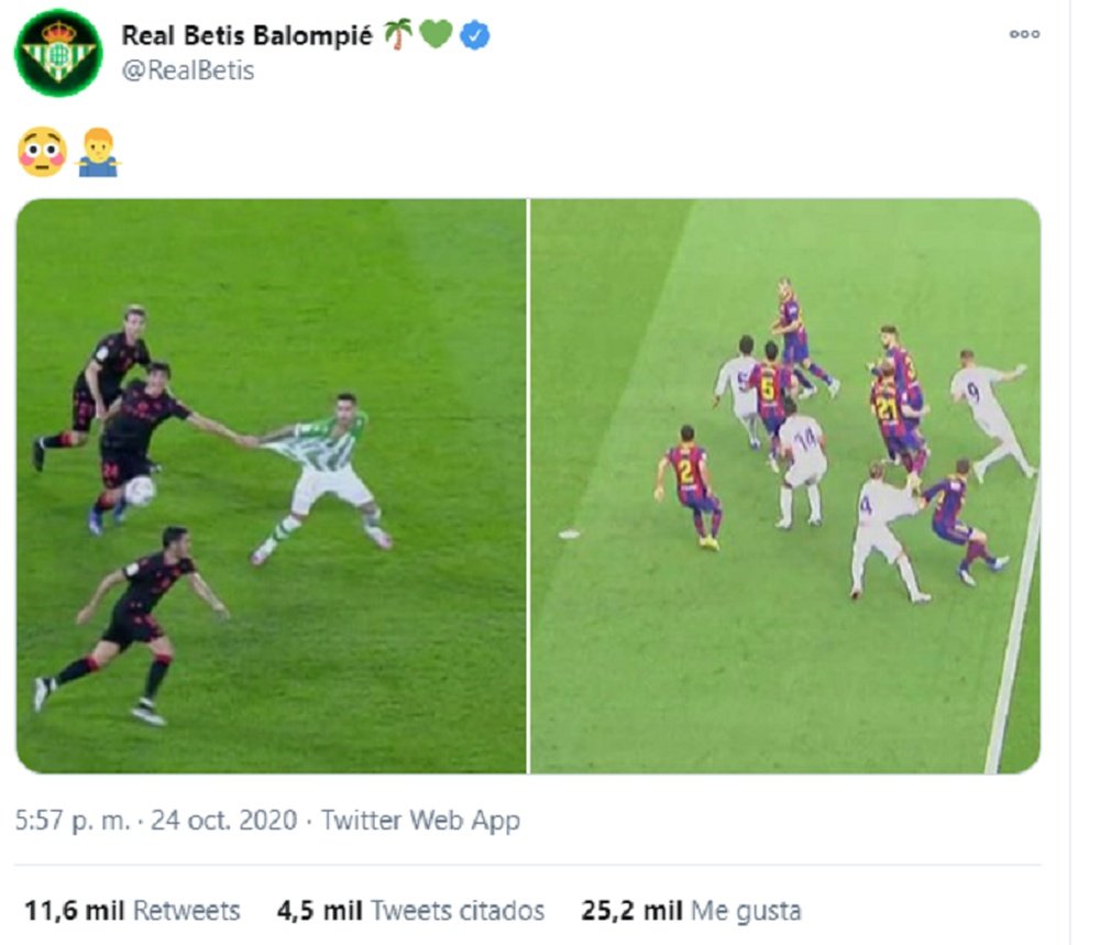 El Betis comparó la acción del penalti del 'Clásico'. Twitter/captura/RealBetis