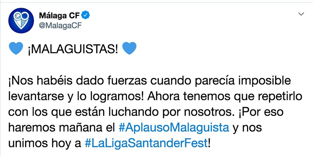 El Málaga pide que se aplauda con algún distintivo del club. Twitter/malagacf