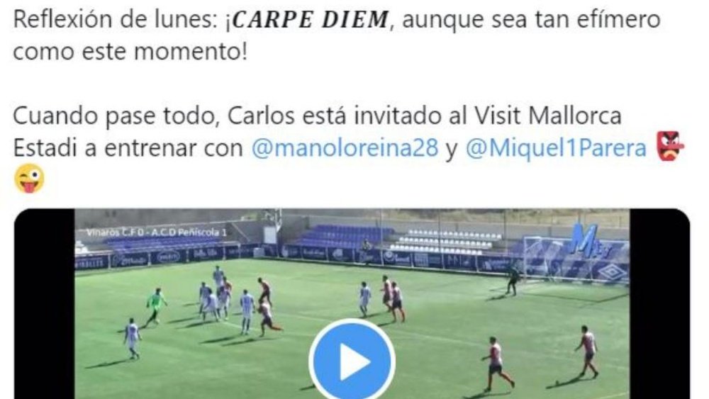 El Mallorca felicitó al portero del Vinaròs, con ofertas para ser delantero. Twitter/RCD_Mallorca