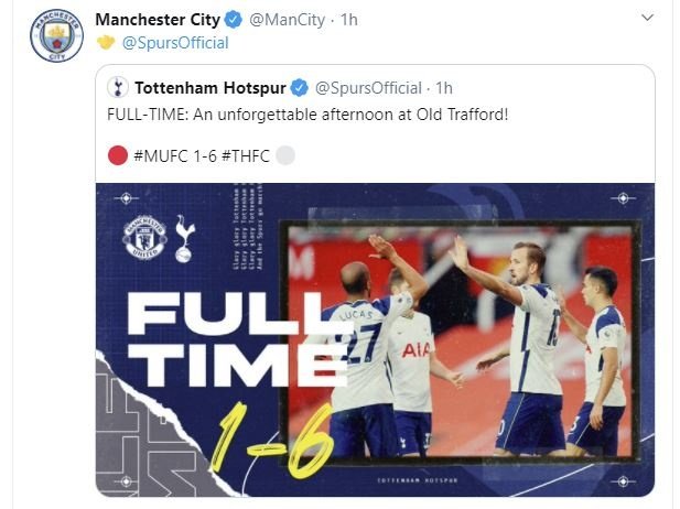 El City más jocoso: felicitó al Tottenham tras ganar al United