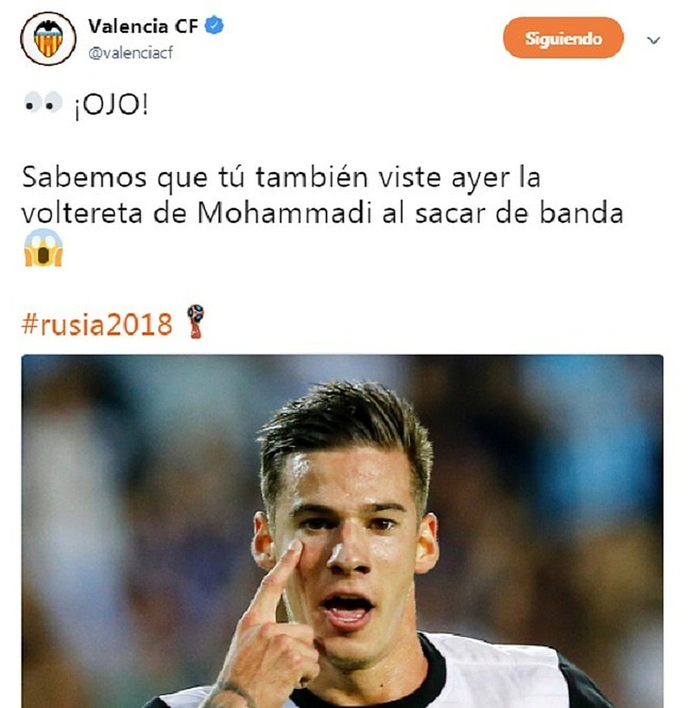 El Valencia bromeó con la voltereta de Mohammadi. Twitter/ValenciaCF