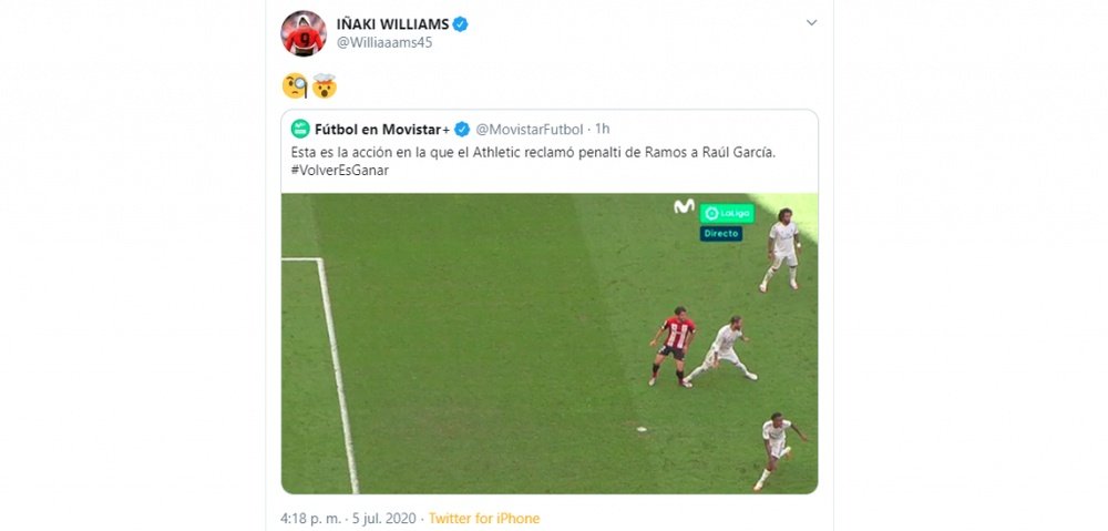 Inaki Williams felt Athletic Bilbao should have had a penalty. Twitter/Williaaams45