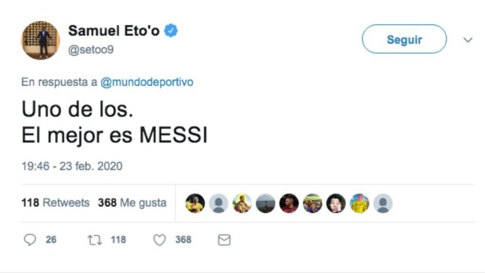 Eto'o rectificó las palabras que 'La Gazzetta dello Sport' puso en su boca. Twitter/setoo9