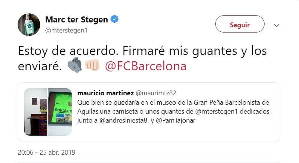 El gran gesto de Ter Stegen con una peña del Barça. Twitter/mterstegen1