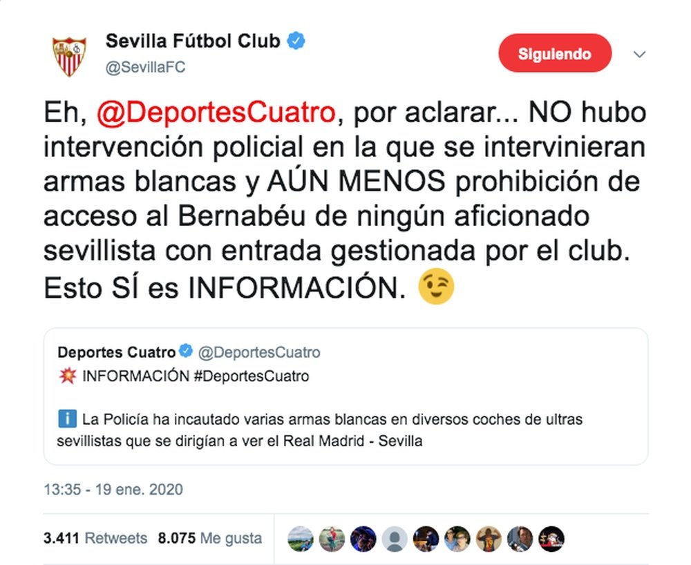Requisaron armas blancas a ultras del Sevilla a su llegada. Twitter/SevillaFC