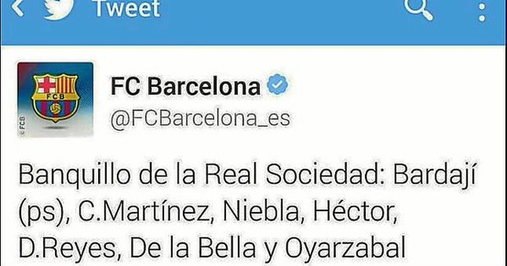 Captura del tweet en que la cuenta de Twitter del Barça cambia Bruma por Niebla. Twitter.