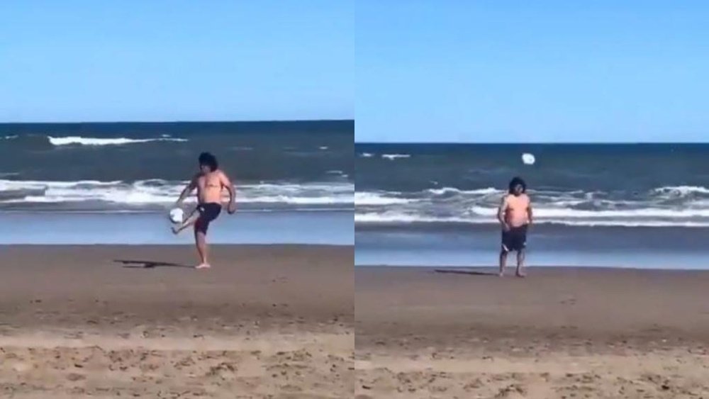 Se hizo viral un hombre con parecido a Maradona que hizo maravillas en la playa. Twitter