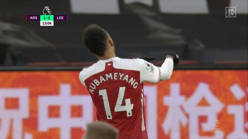 Aubameyang scored Arsenal's first goal v Leeds. Screenshot/DAZN