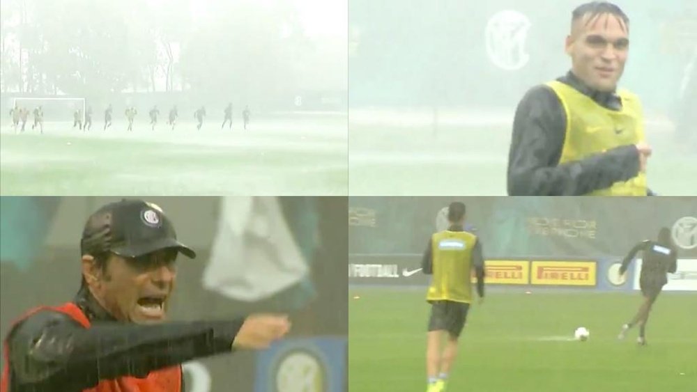 El Inter se entrenó bajo un aguacero. Capturas/Twitter/Inter